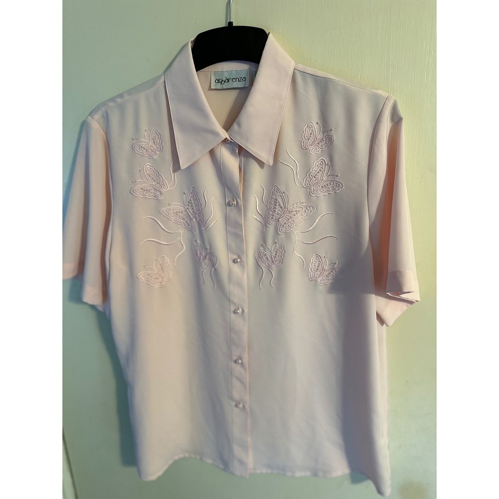 Butterfly Blouse Apparenza Embroidered Embellished Pearl Button‎ Pink Medium